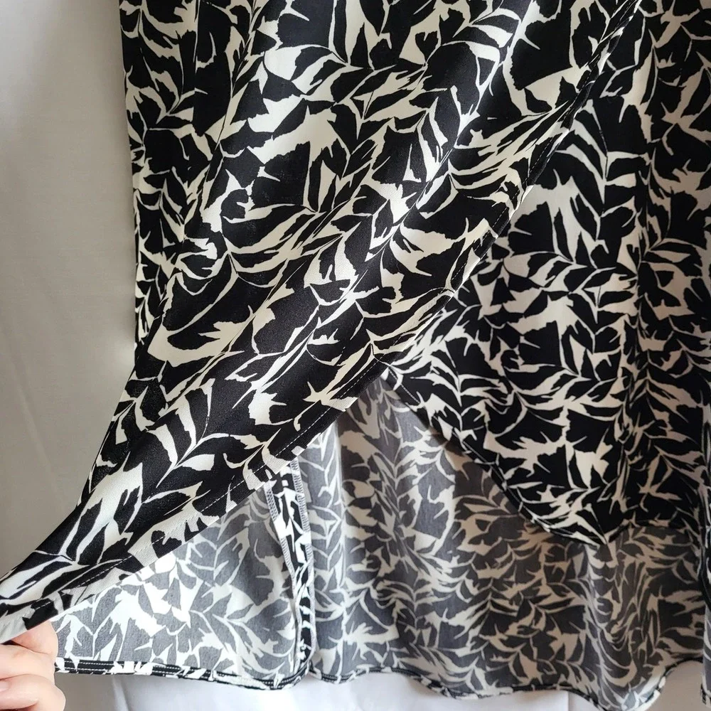 J. Crew Black White Floral Print Faux Wrap High Low‎ Midi Skirt Women's Size L